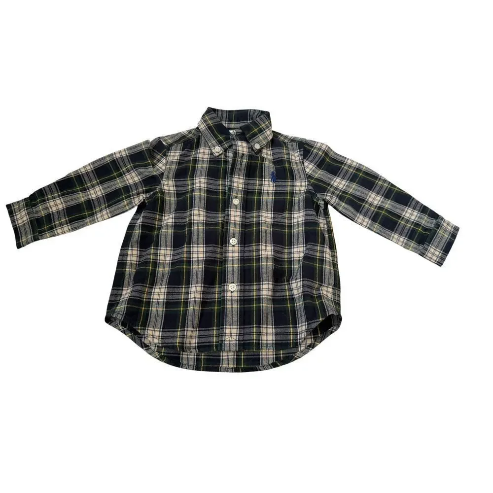 Ralph Lauren Baby Blue & Green Cotton Plaid Brushed Oxford Shirt Size 9M